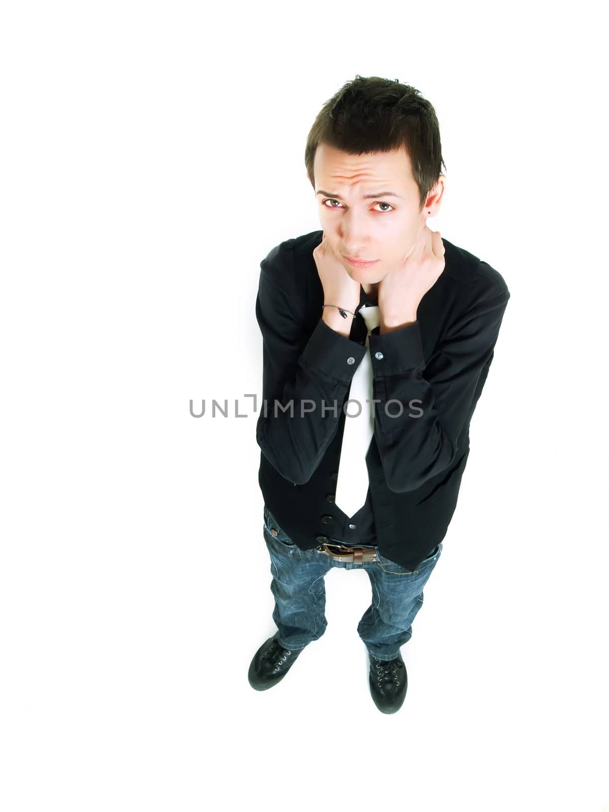 Young man smiling over a white background