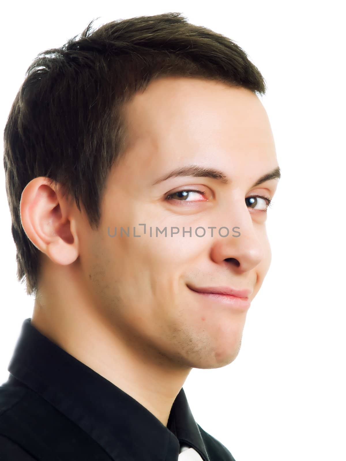 Young businessman smiling, on a white background