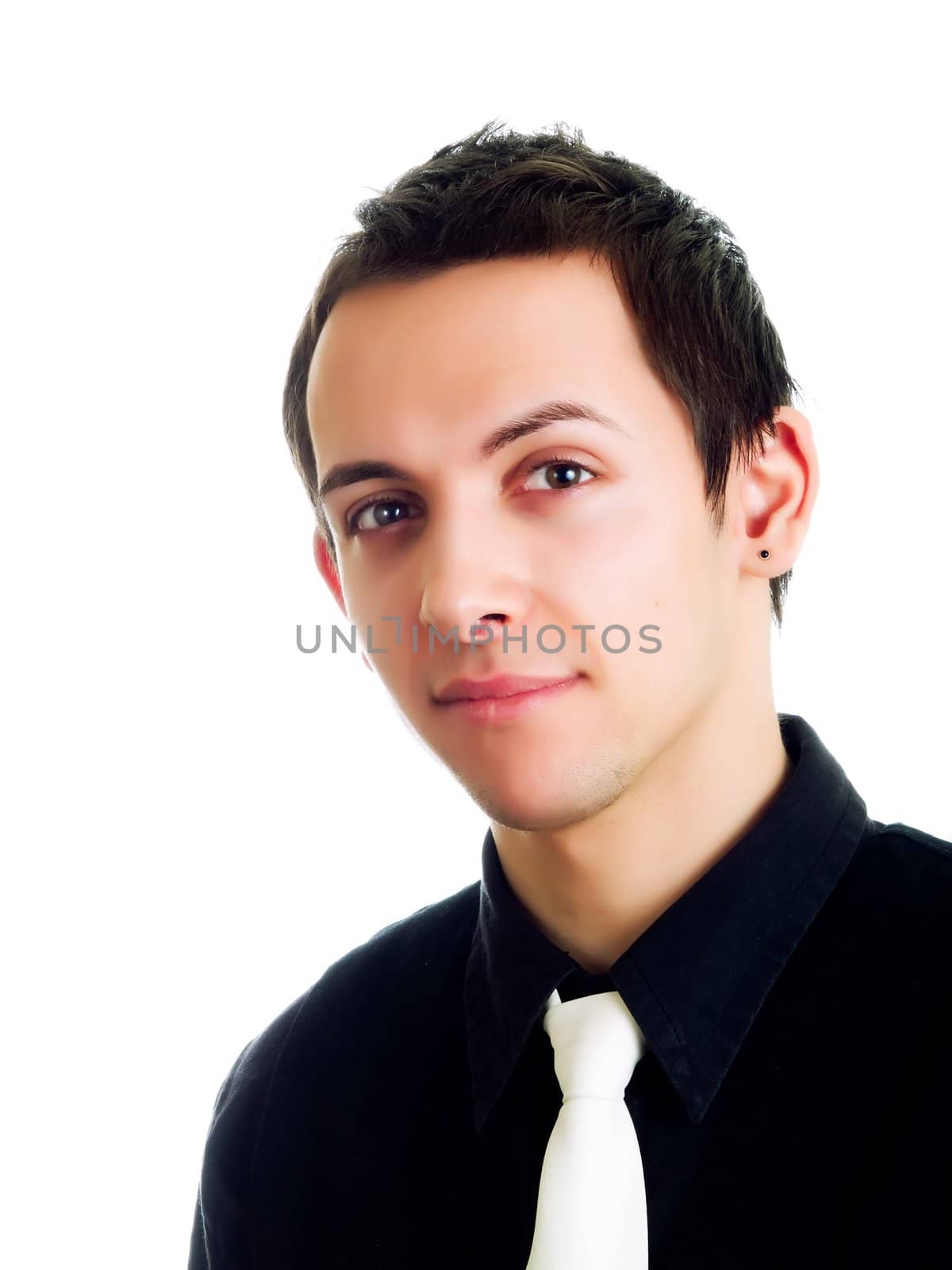 Young businessman smiling, on a white background