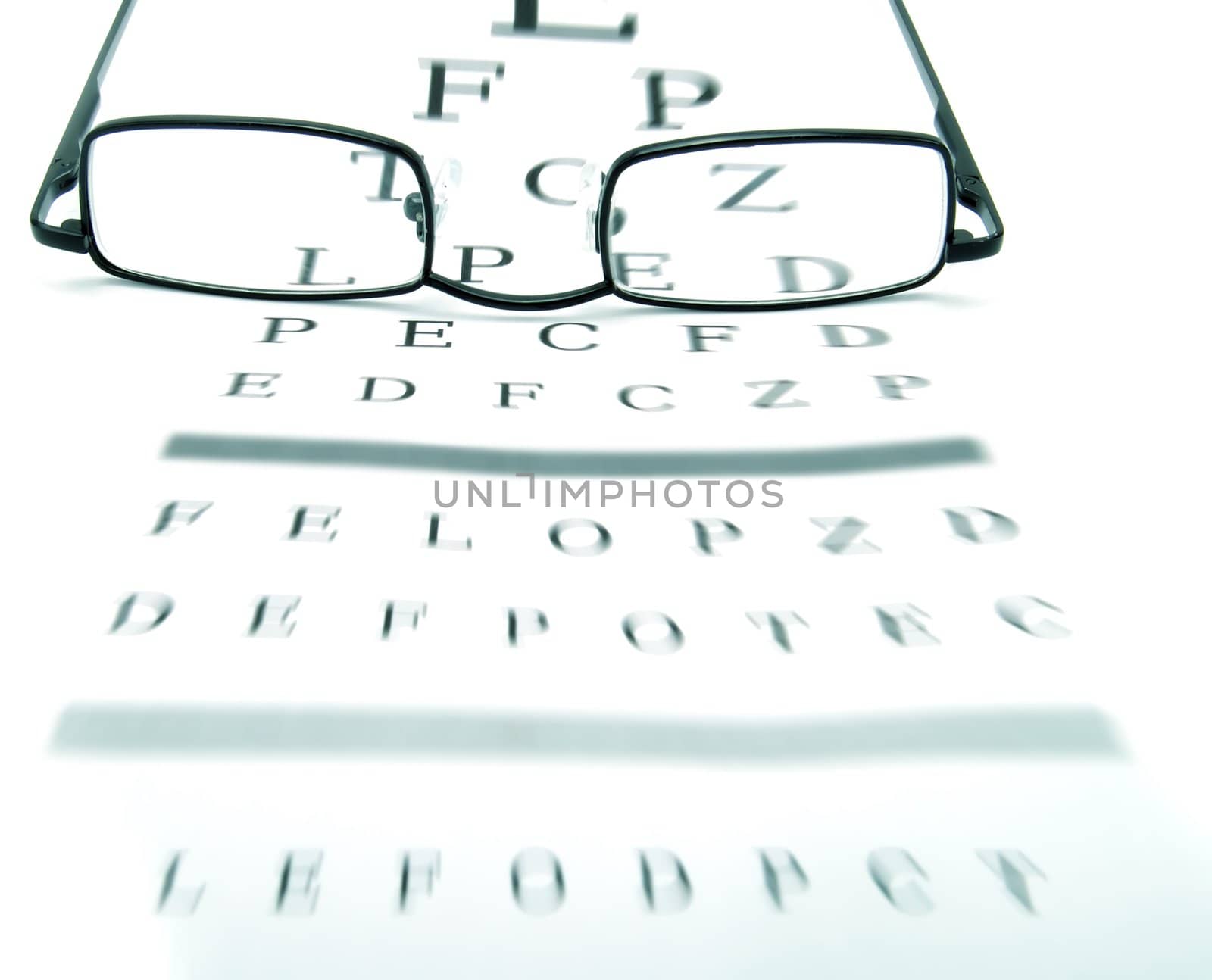 Eyeglasses on an optometrist chart 