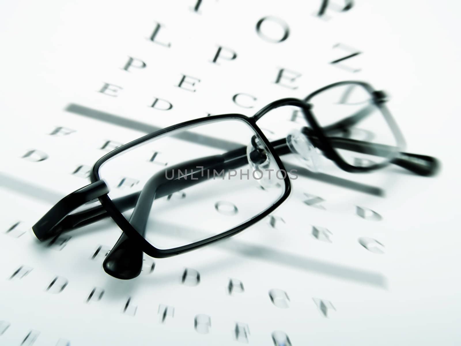 Eye glasses on an optometrist chart 