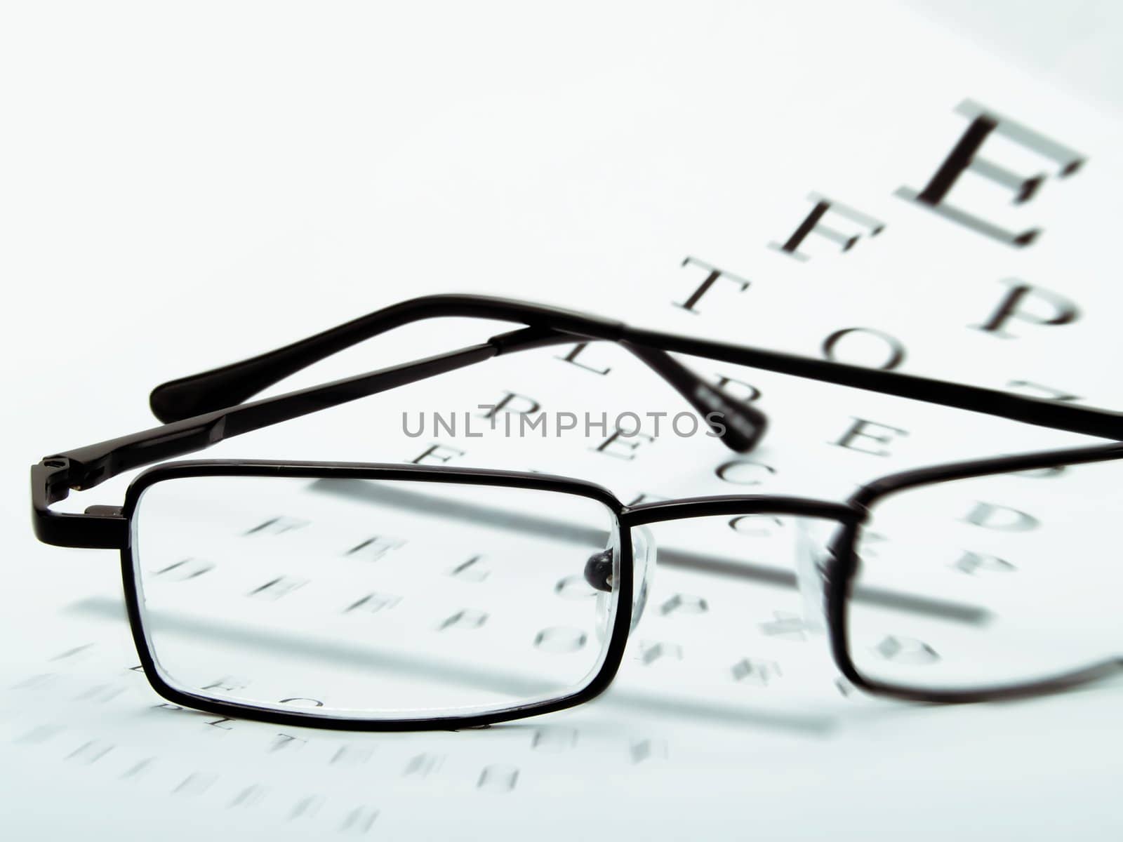 Eye glasses on an optometrist chart 