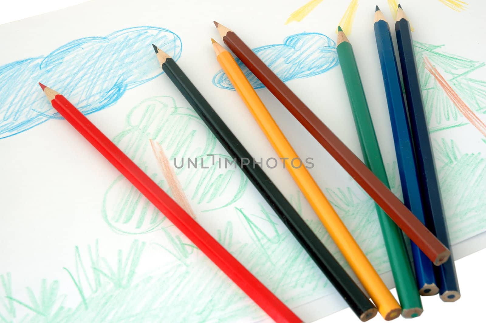 Child's drawing and colored pencils (crayons).