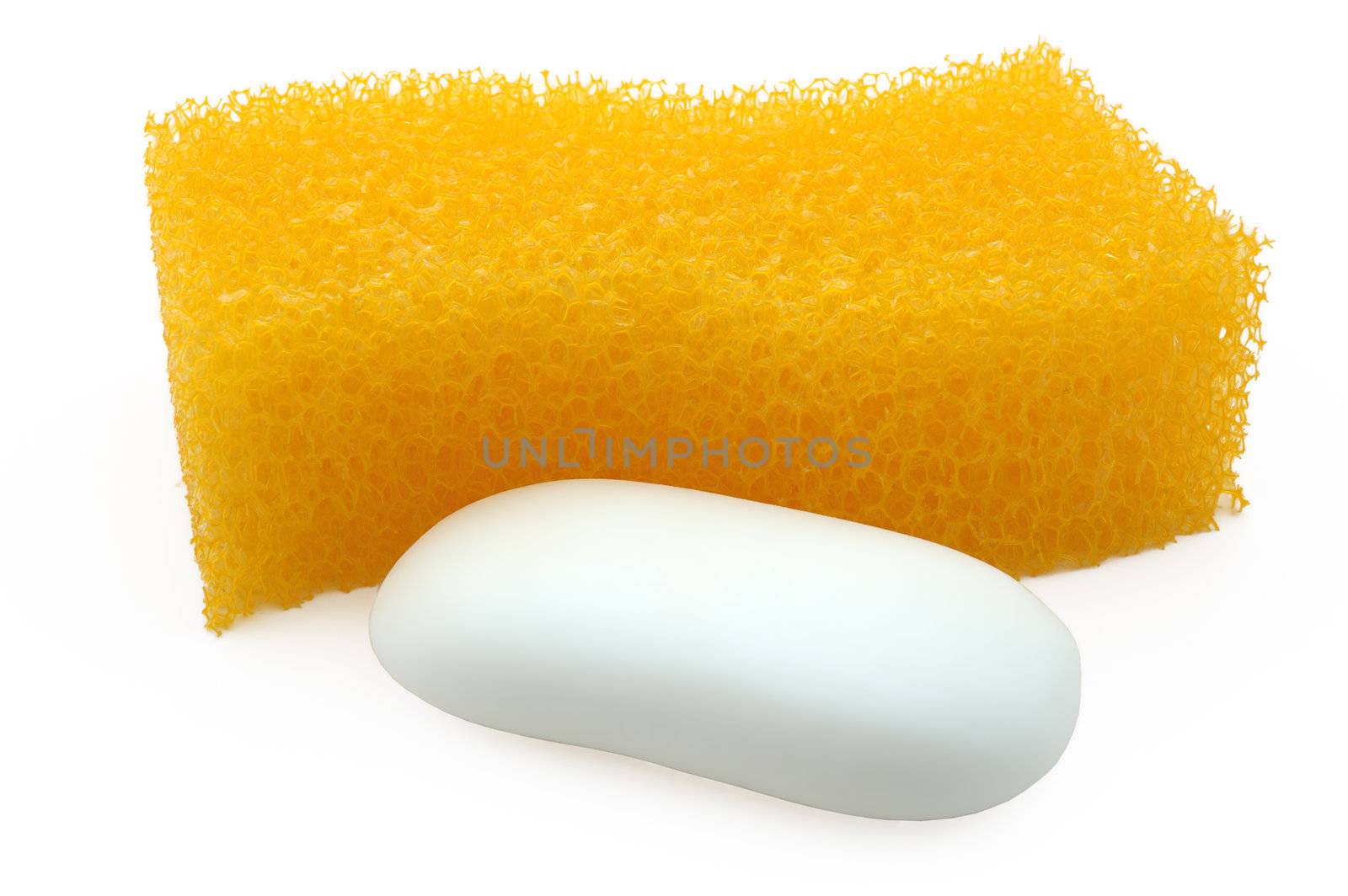 Orange sponge and white scented soap. Bath collection.