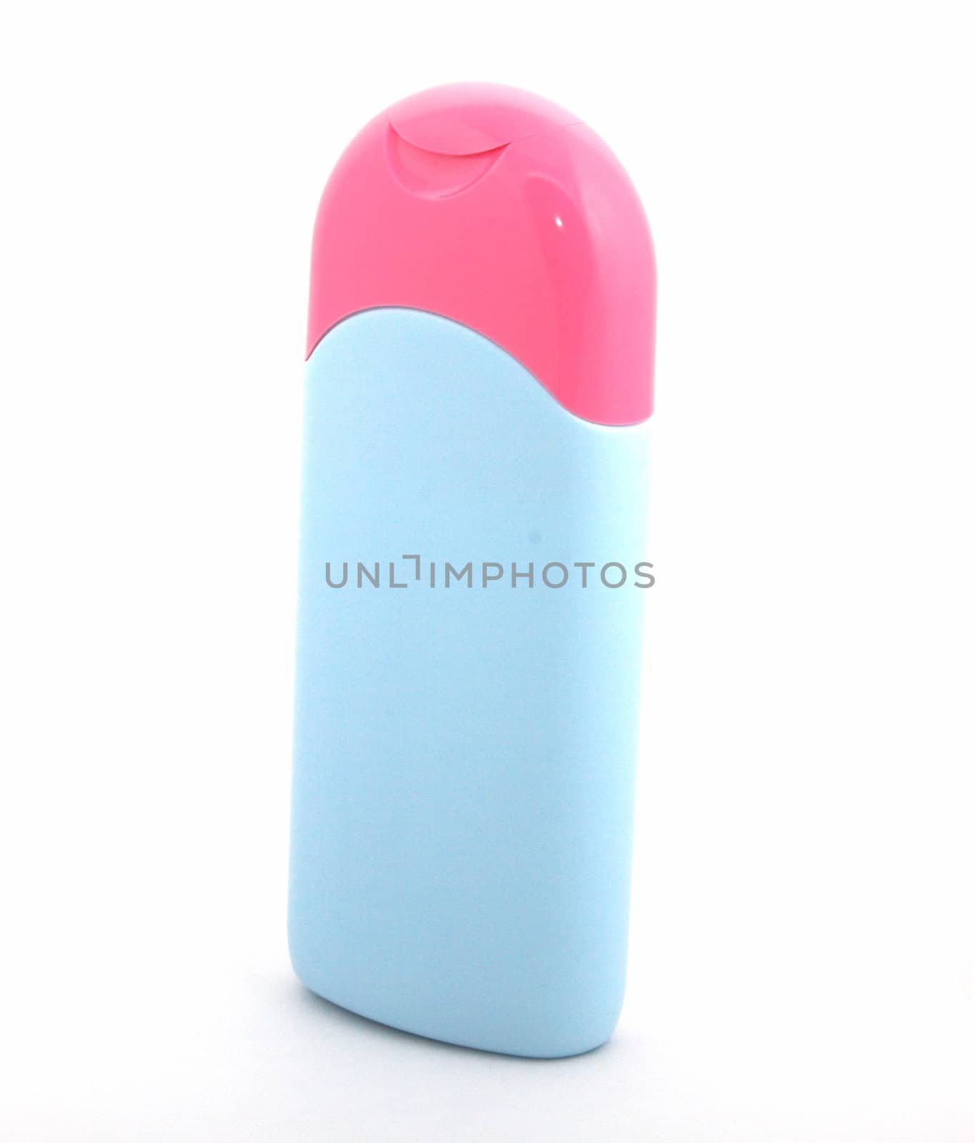 Bottle of blue color with pink a cover on a white background