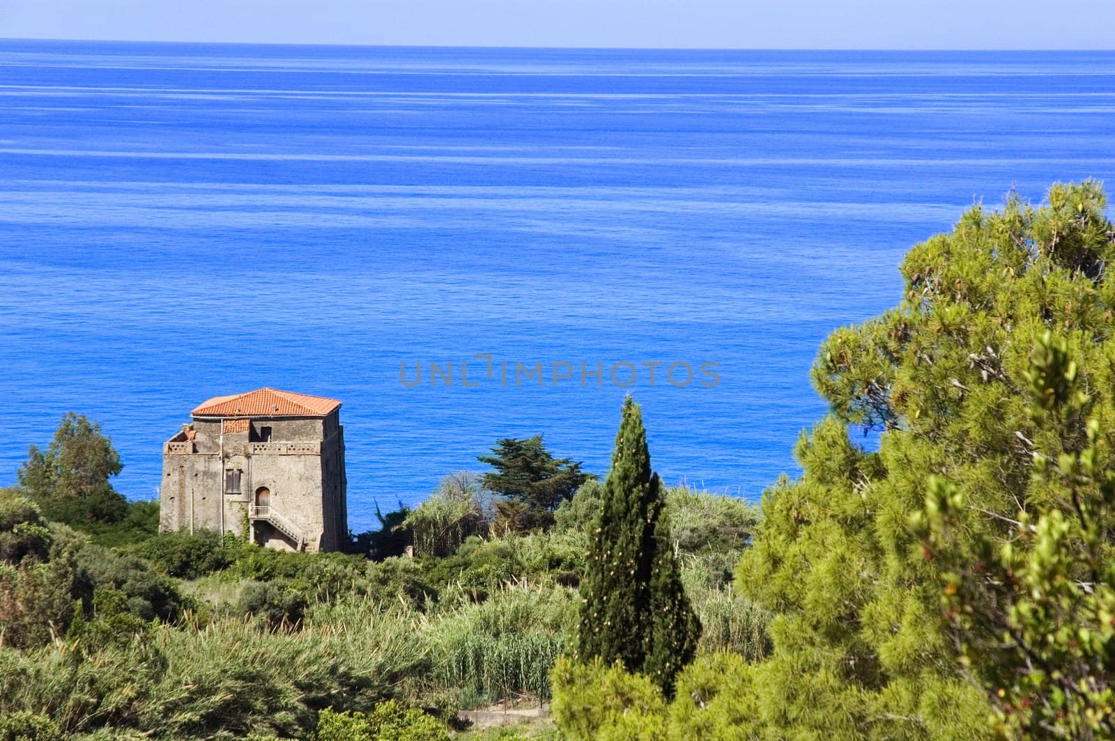 Mediterranean view with ancient tower and lush vegetation