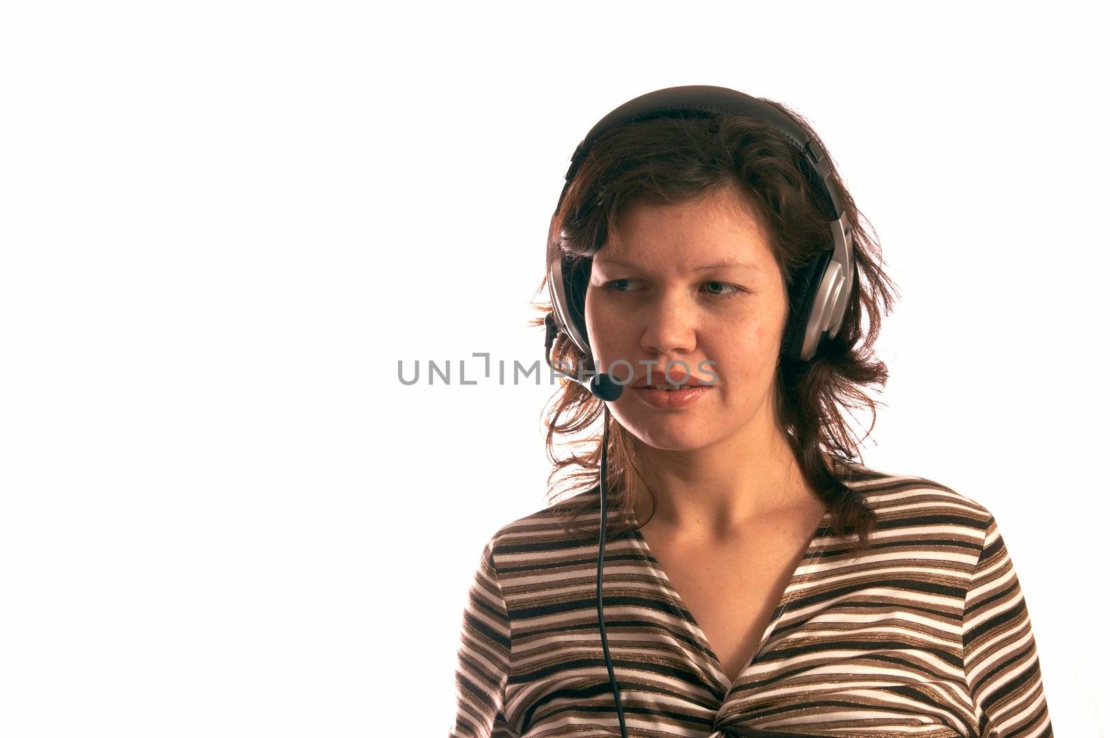 The musical girl with headphones, on a white background