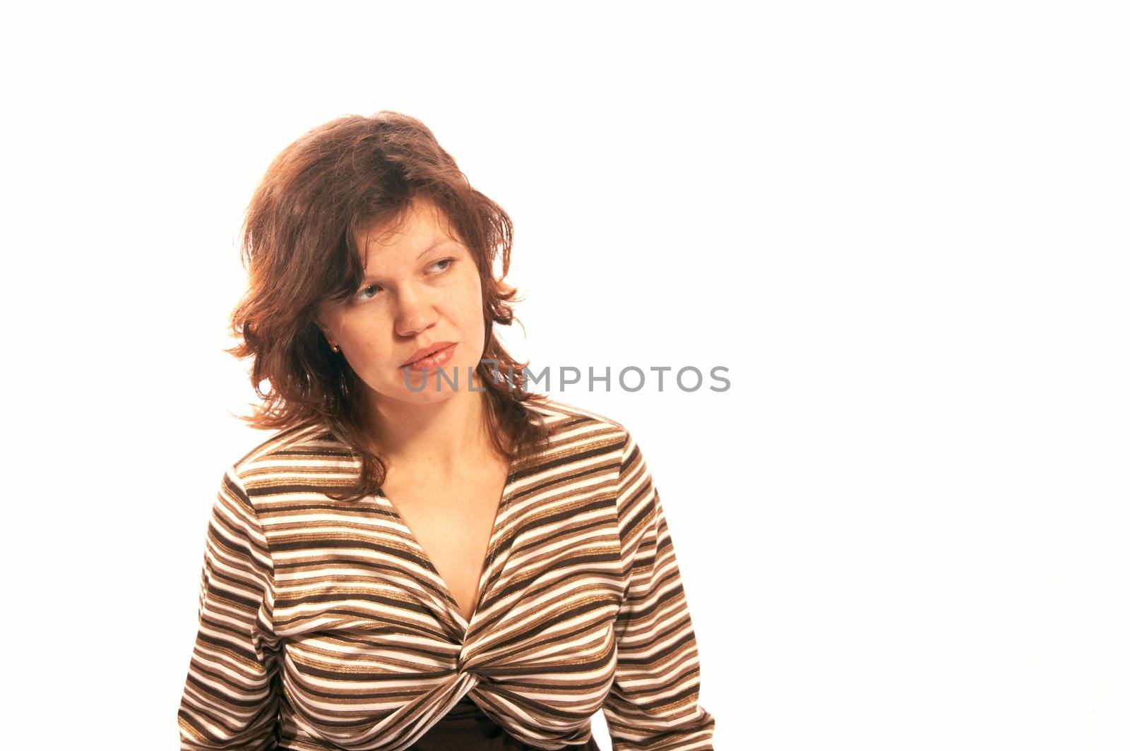 The girl in a striped jacket on a white background