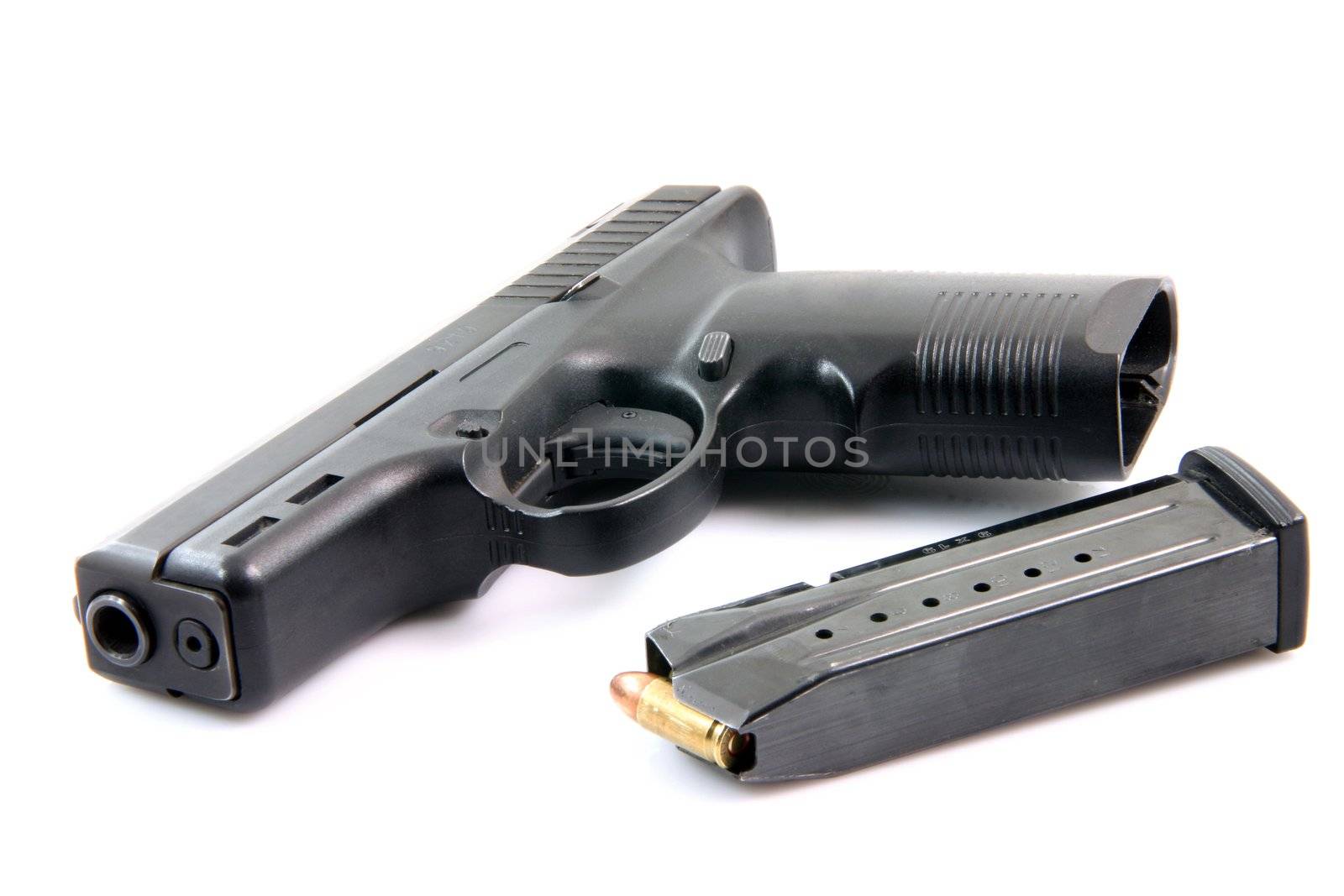 ammunition and automatic handgun isolated on white background weapons arms