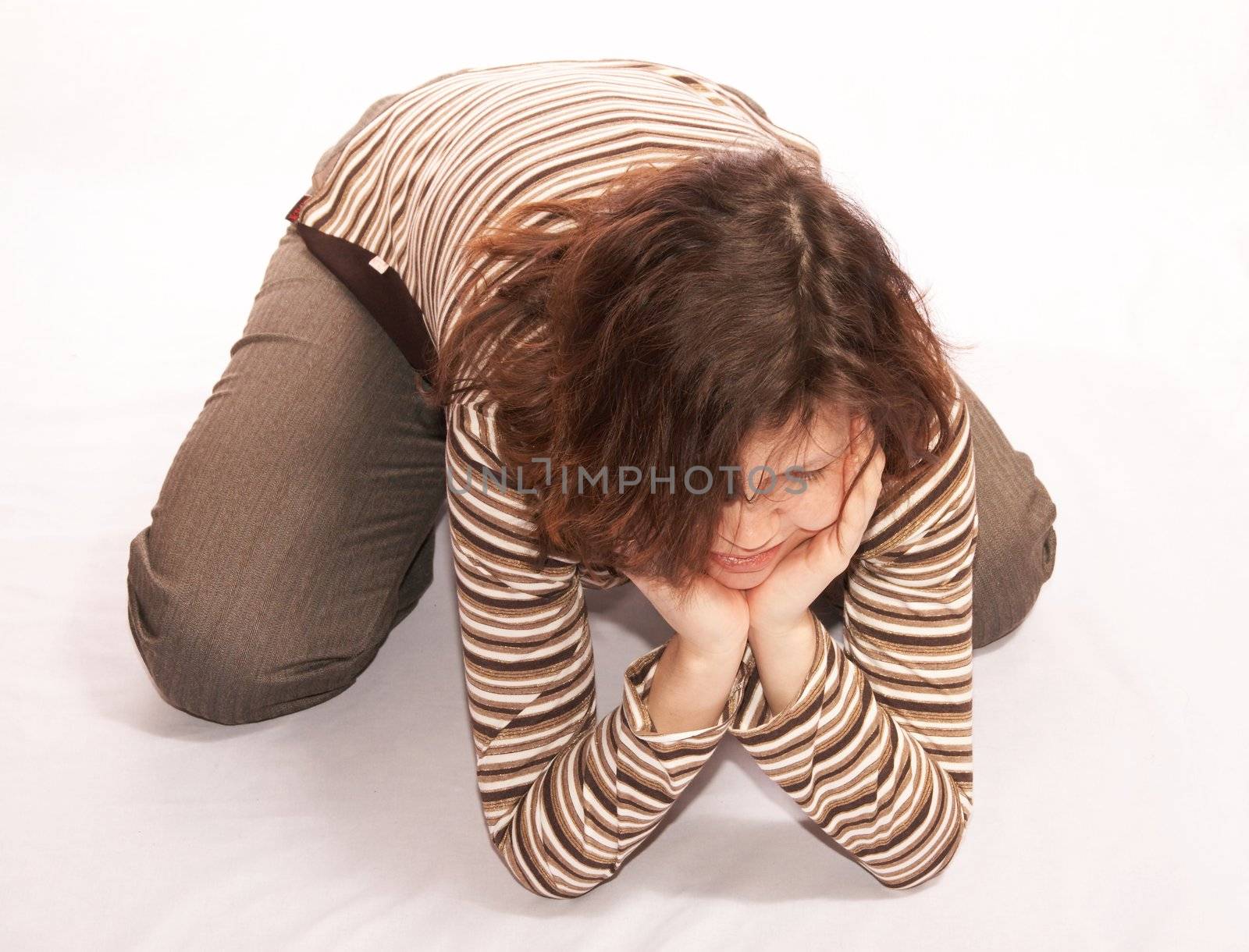 The girl in a striped jacket on a white background