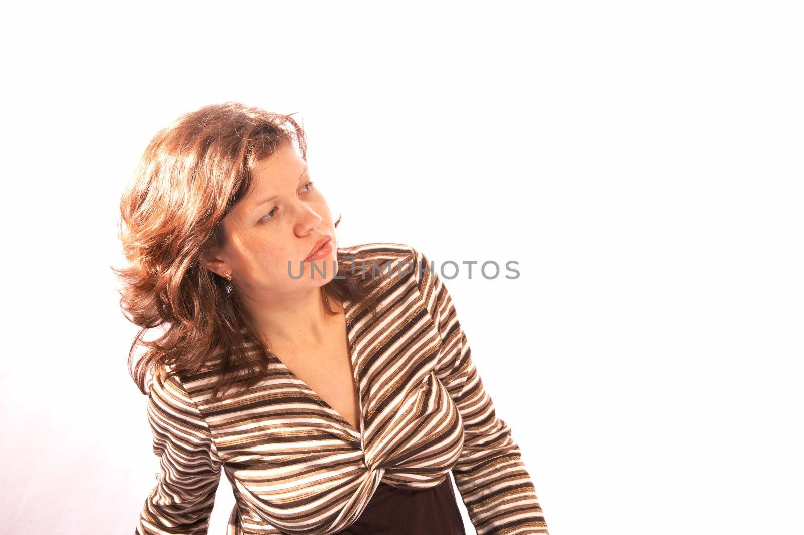 The girl in a striped jacket on a white background