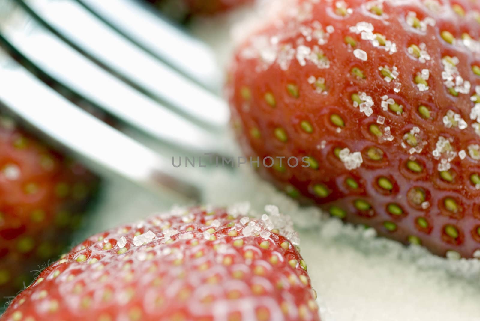 strawberry, sugar and fork by stockarch