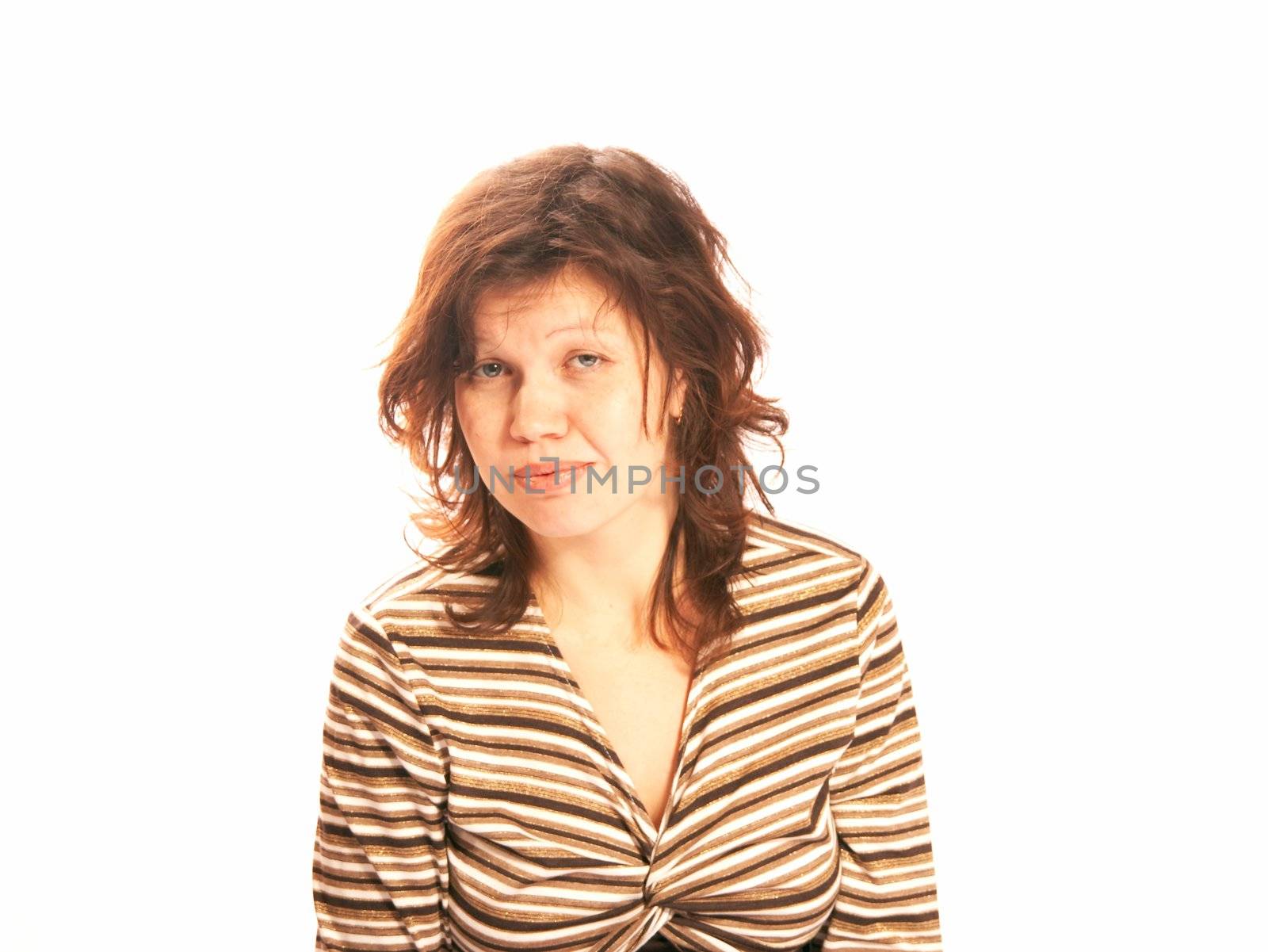 The girl in a striped jacket on a white background