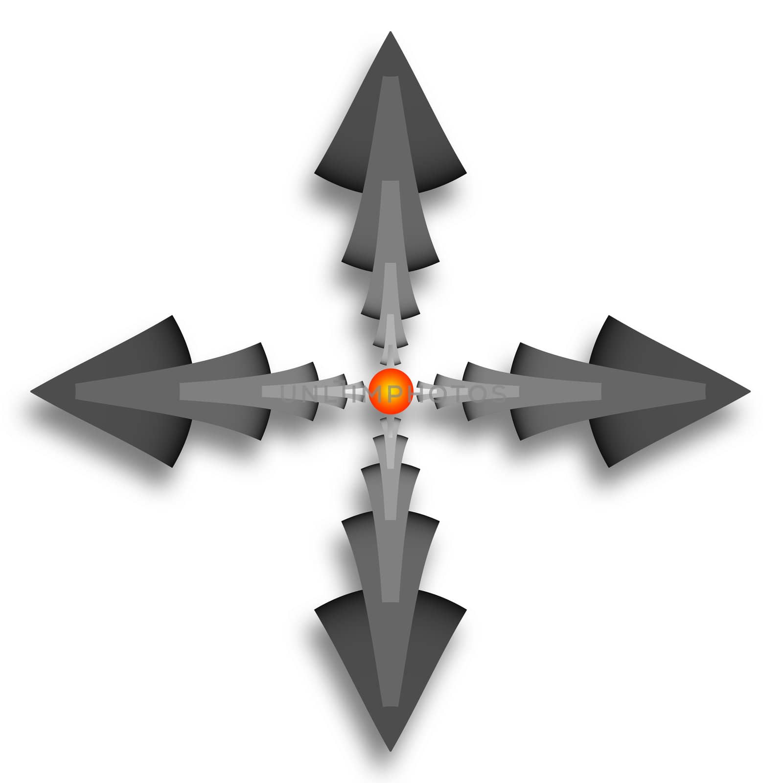 An abstract fractal illustration in the shape of gray arrows pointing out from a central core of an orange bubble.