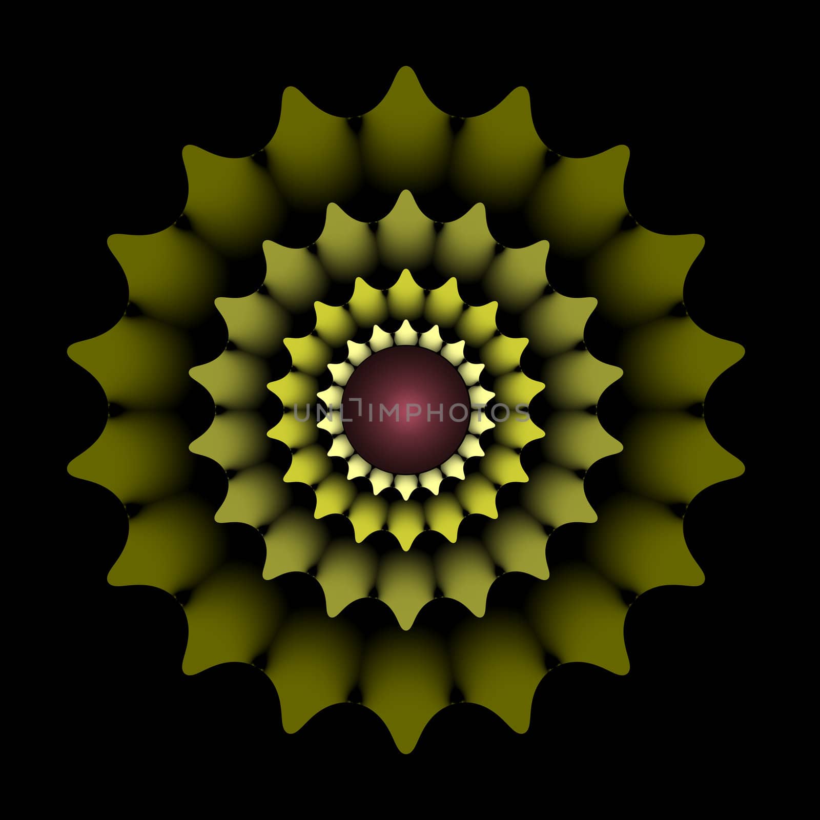 Shades of green stylized leaf shapes arranged in concentric circles of a fractal with a burgundy center bubble.