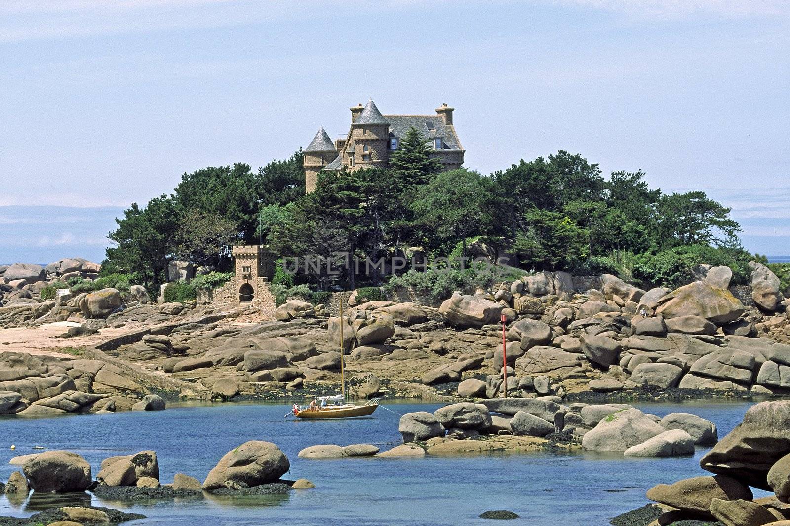 Landscape near Ploumanac'h, with Castle Chateau Costaérès, Granite coast, Brittany, North France