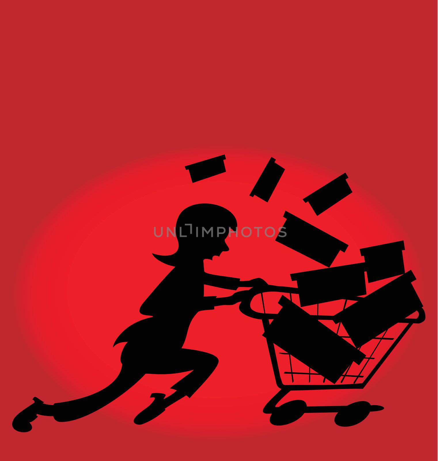 Illustration of a woman running to buy gifts in a store