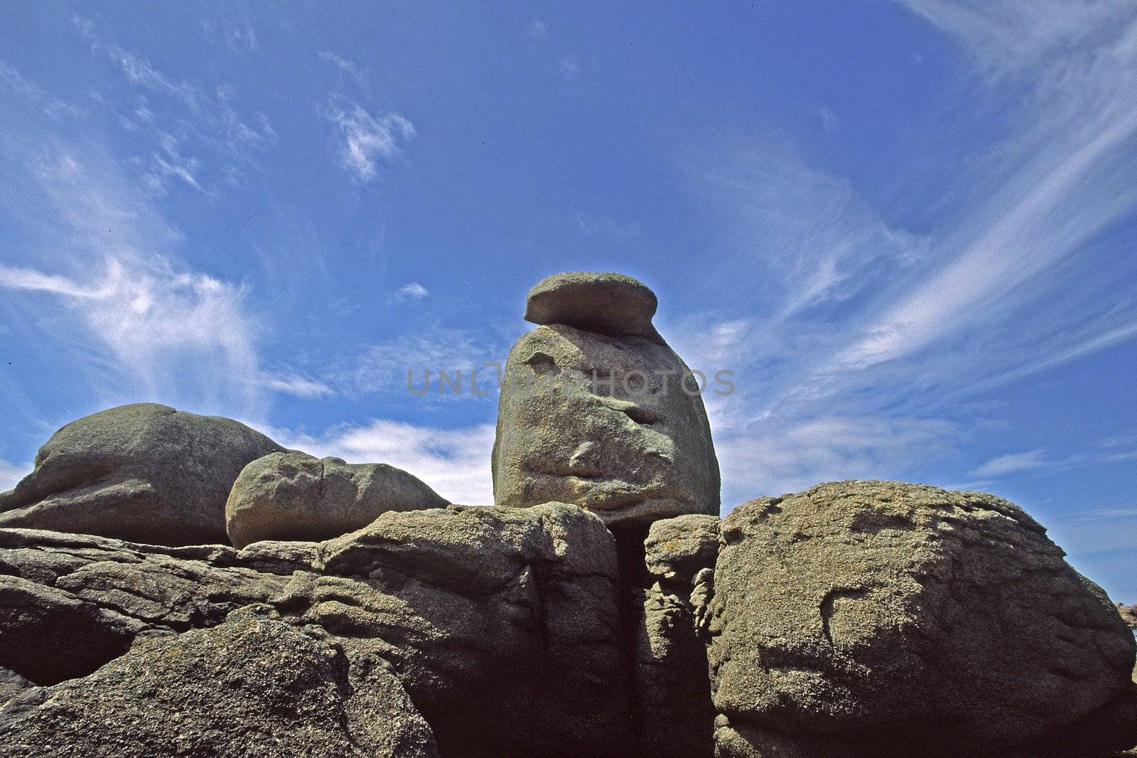 Rocks on the Granite coast near Ploumanac'h, Brittany, North France, stone looks like a chinese