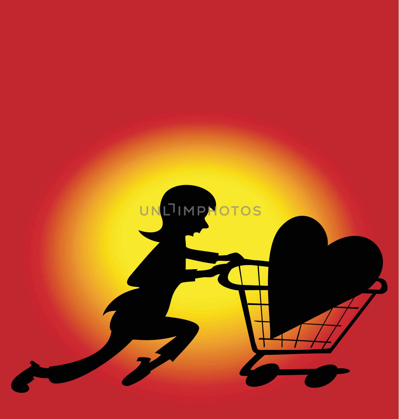 Illustration of a woman running with a heart she bought in a store