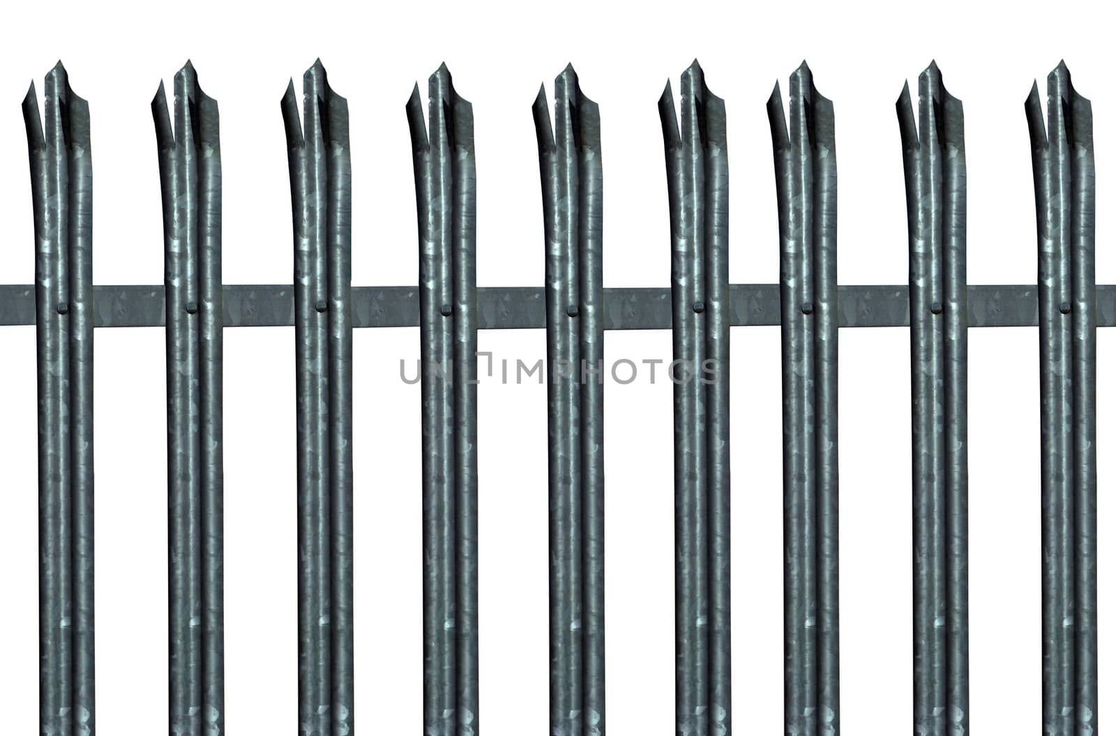 Pointed metal security fencing for industrial units. Isolated on white