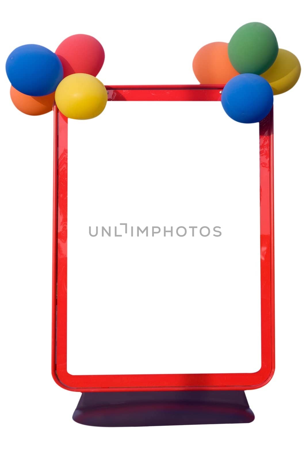 Street sign holder in red with balloons attached, isolated on white with space for your message