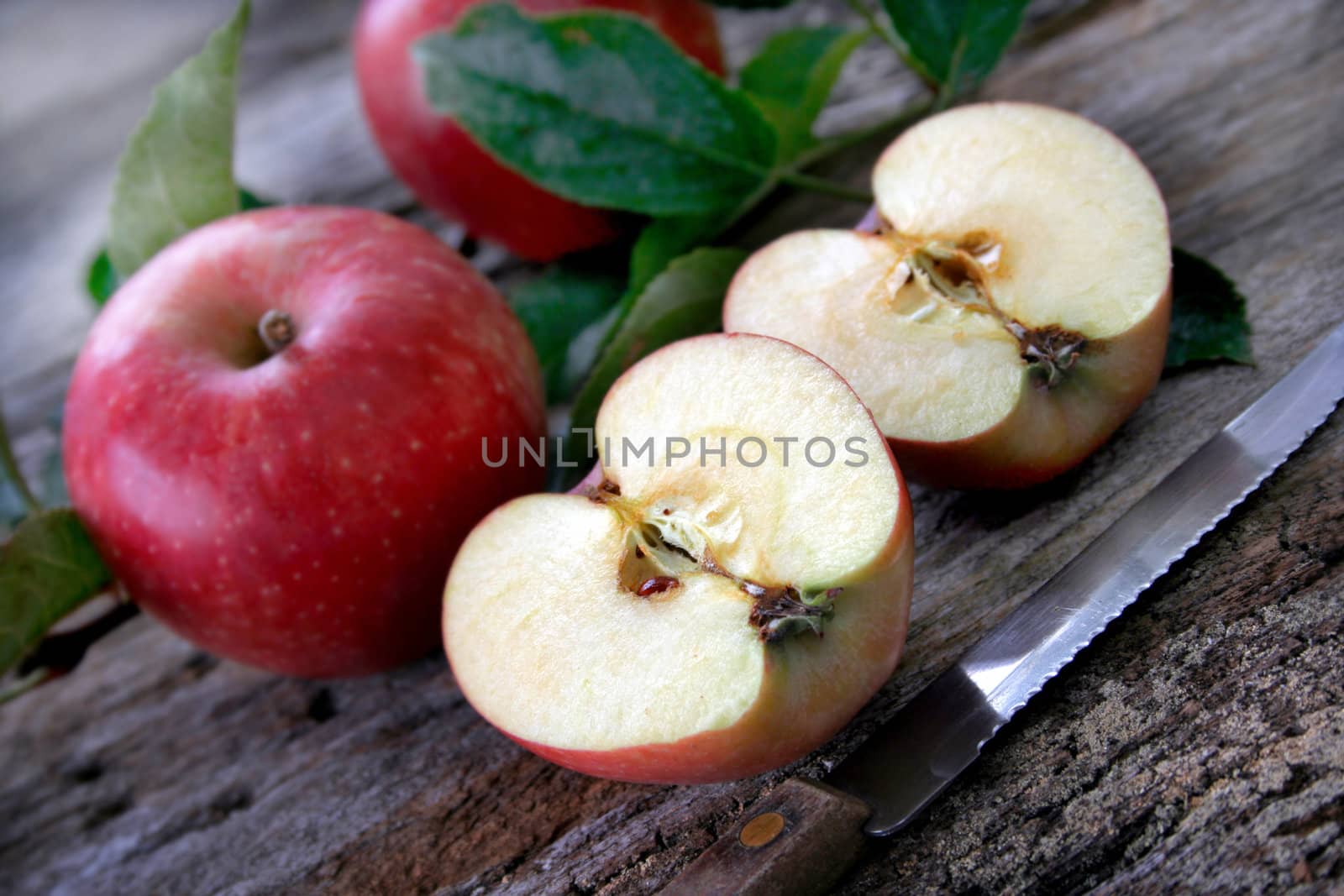 Fresh apples just sliced on a rustic background.