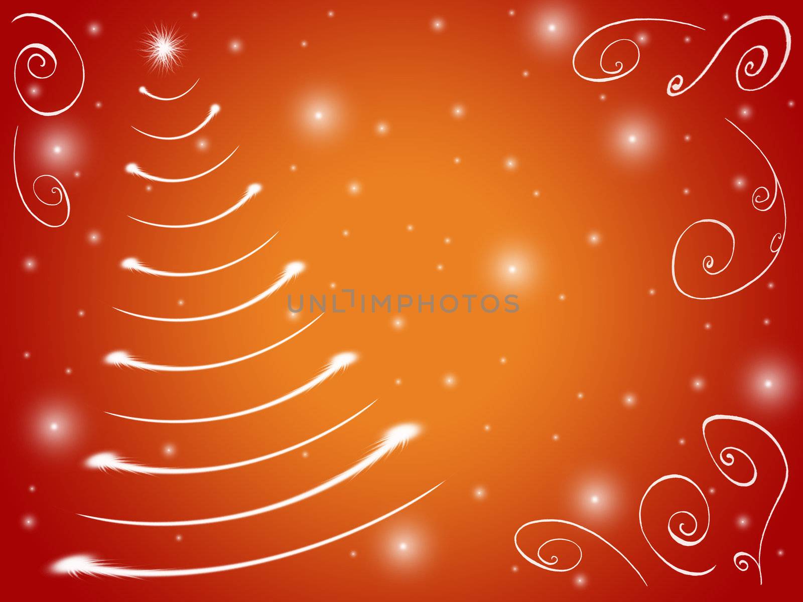christmas tree drawn by white lights over red and yellow background 
