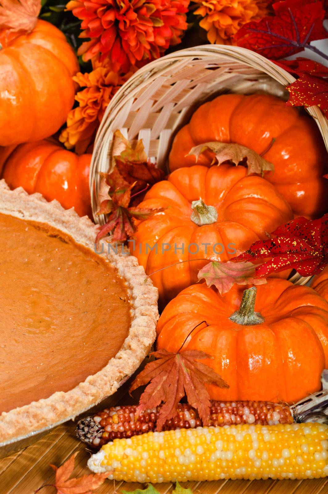 Pumpkin pie with autumn leaves and pumpkins. by lobzik