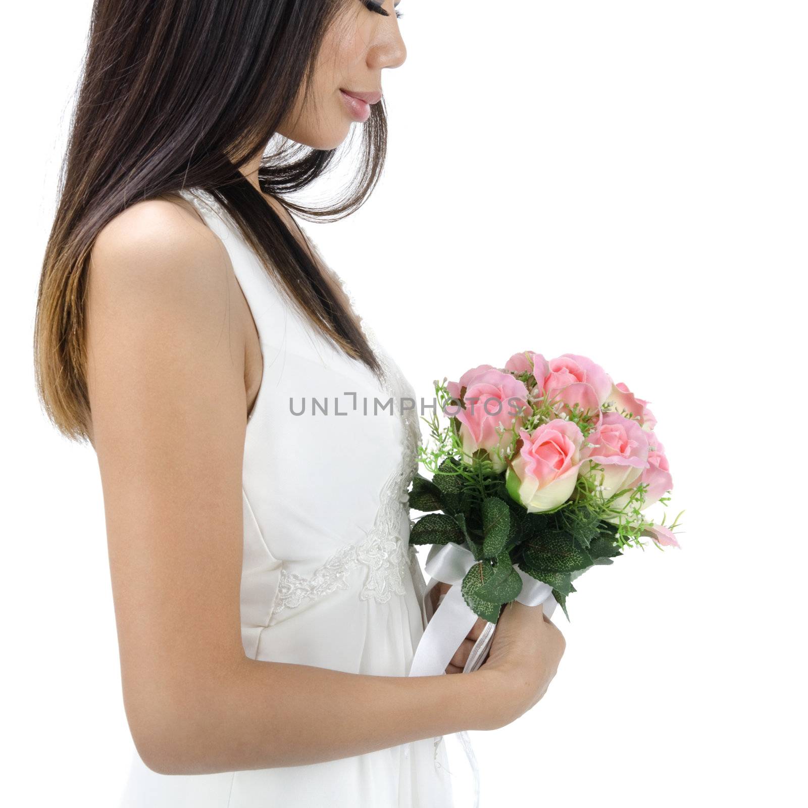 Beautiful Asian bride isolated on white background