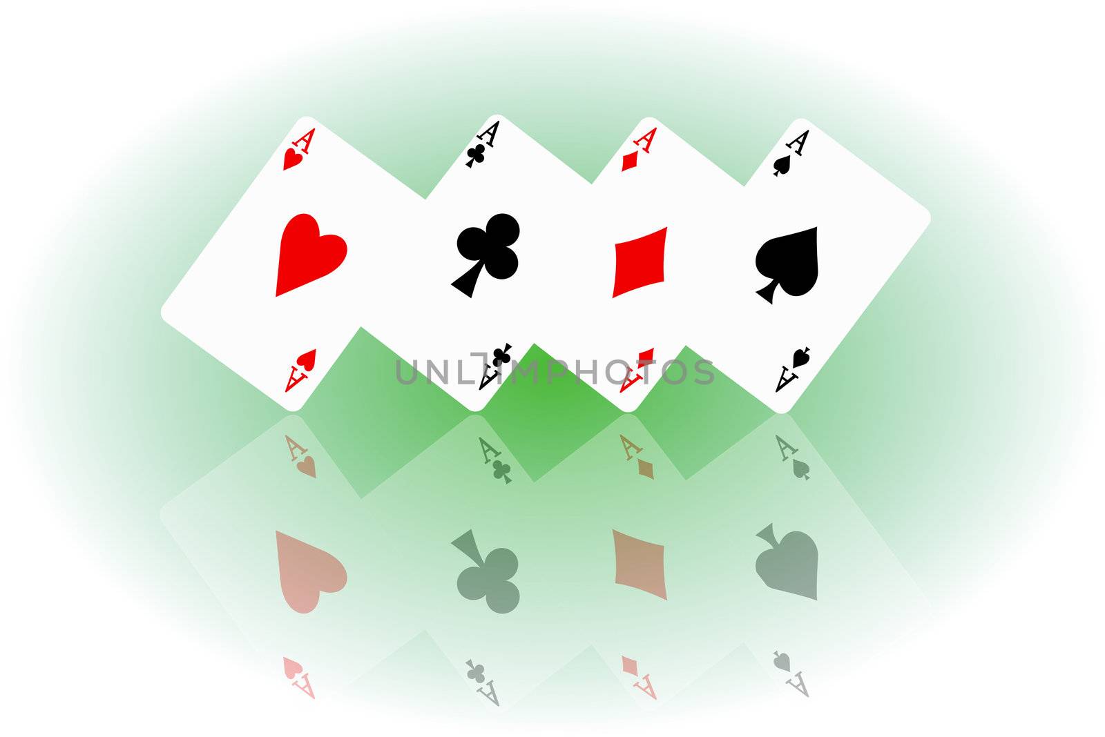 Illustrated four ace cards standing in formation on their corners and reflecting into foreground.