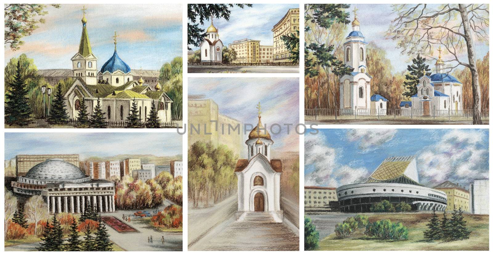 Picture, landscape, hand-draw, drawing a pastel. Russia, Novosibirsk, the famous buildings: chapels, cathedrals, theatres