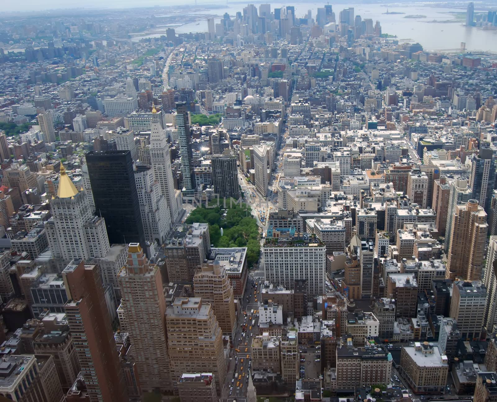 Southern tip of Manattan Island viewed from the 102nd floor observation deck of the Empire State Building