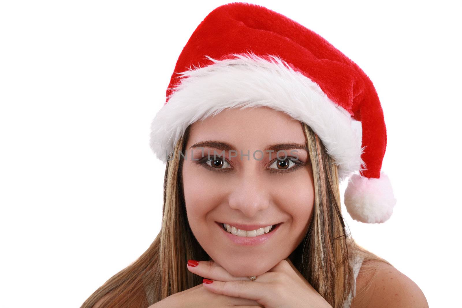 Happy christmas santa woman smiling. Beautiful face of happy wom by dacasdo