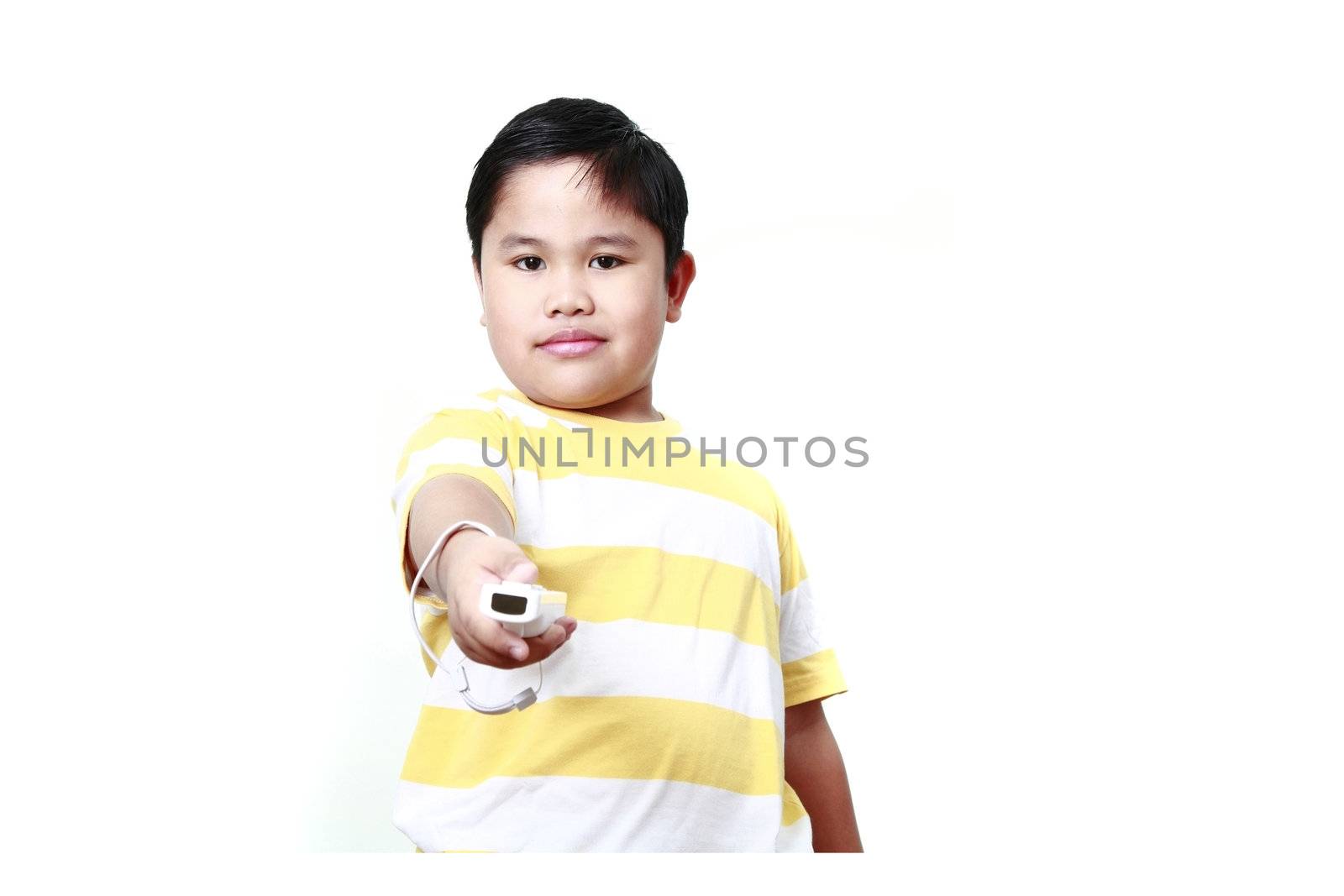 Close up young asian man holding a remote.