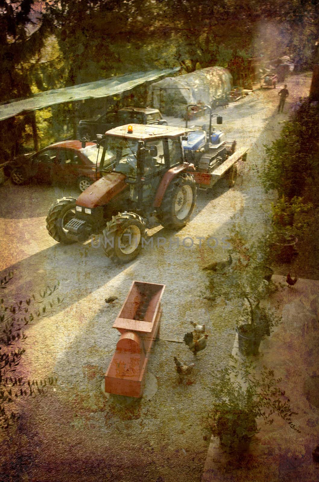 Artistic work of my own in retro style - Postcard from Italy. - Farmyard vineyard La Morra - Piedmont.