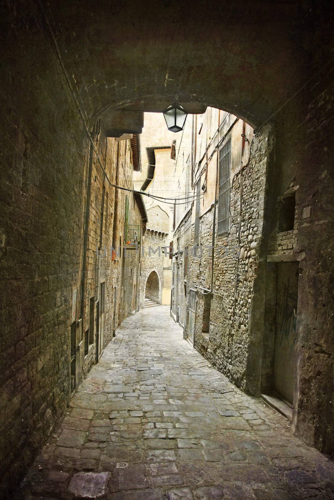 Artistic work of my own in retro style - Postcard from Italy. - Alley, Perugia, Umbria, Italy