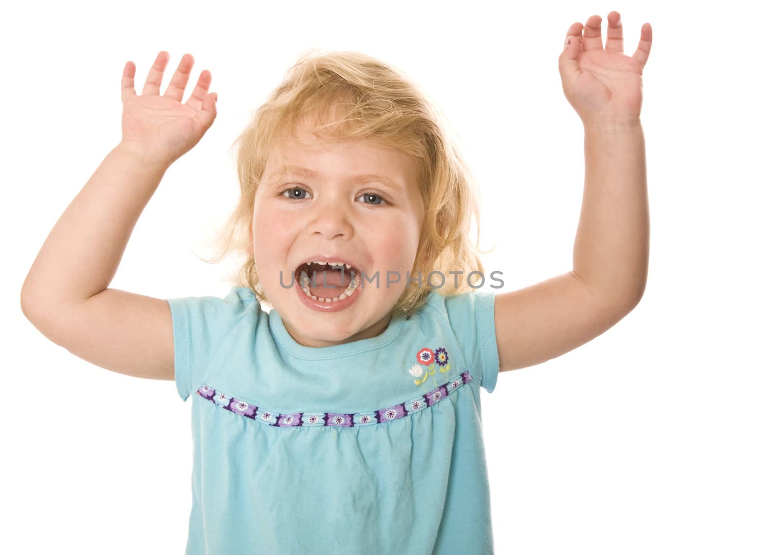 Happy toddler with arms up in the air