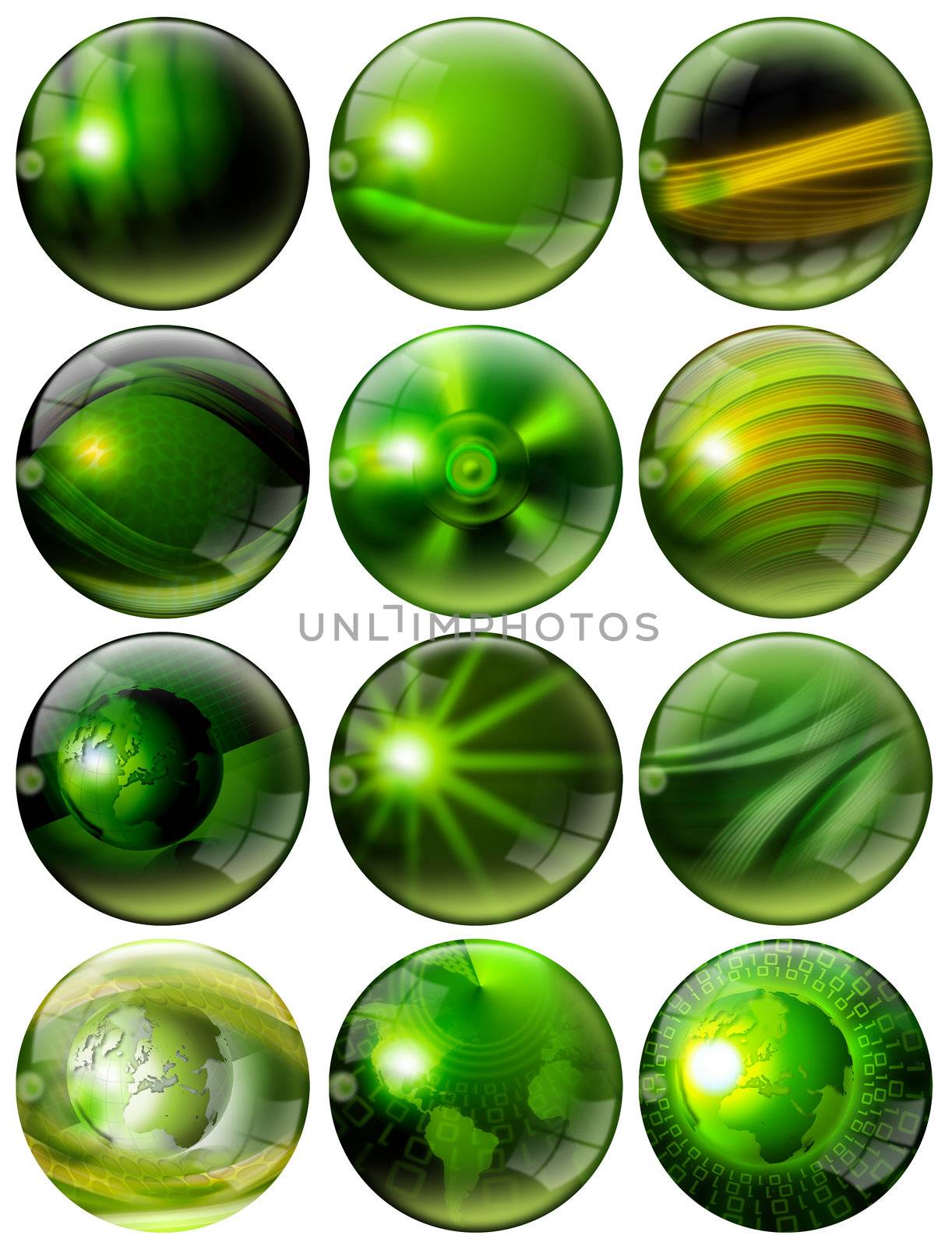 12 green spheres with of fantasy with reflections and terrestrial globes