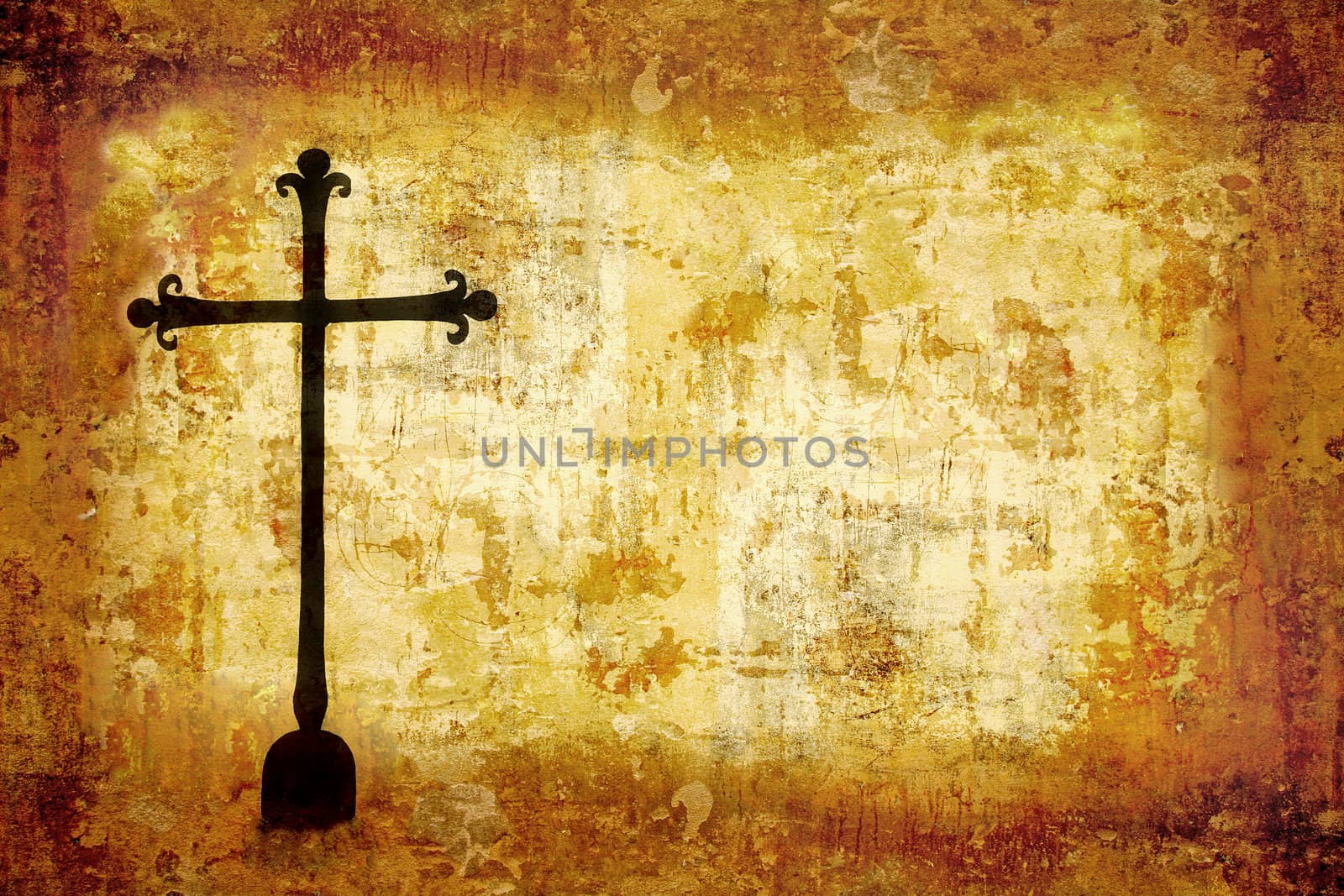 Black cross and  grunge wall with space for text.