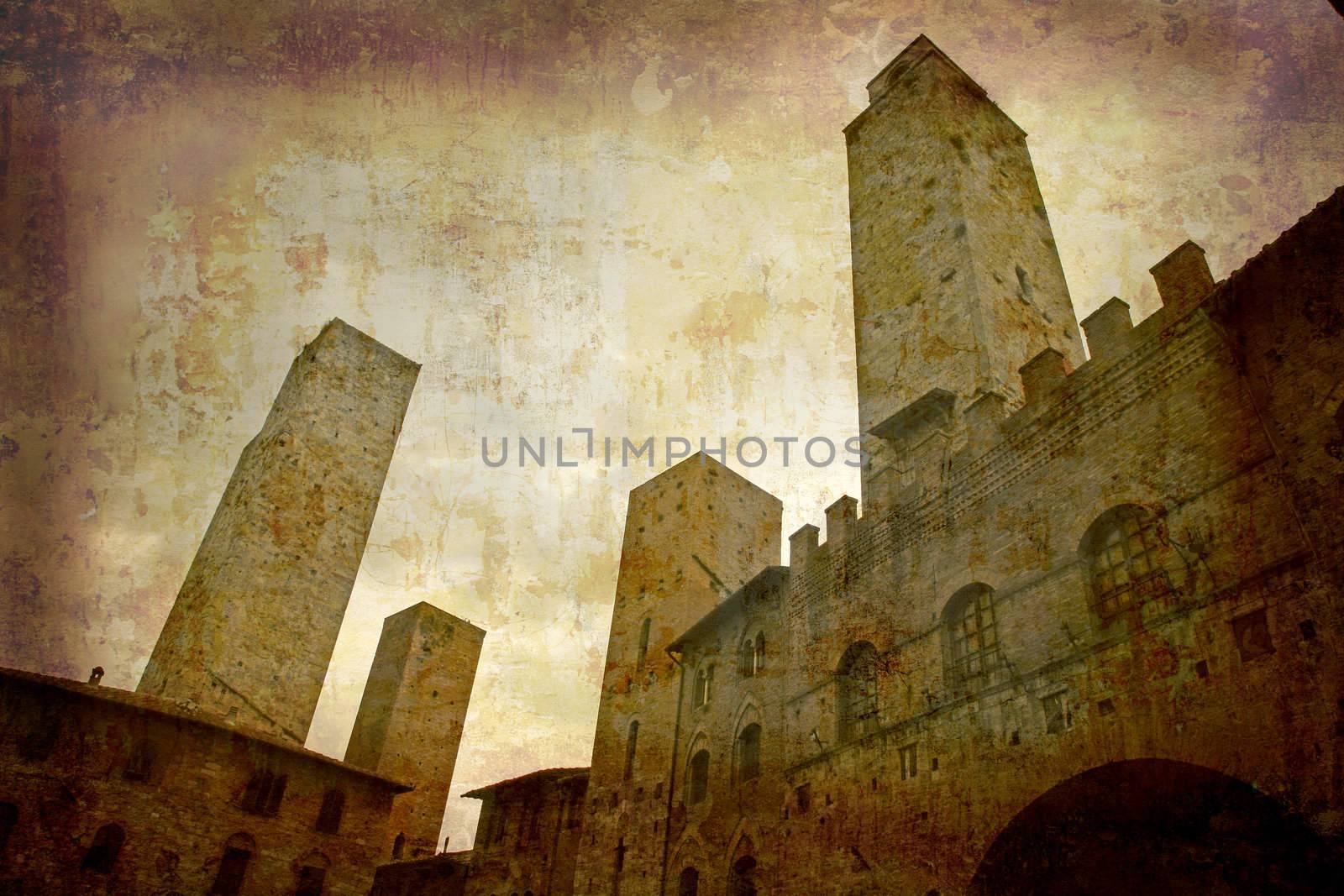 Artistic work of my own in retro style - Postcard from Italy. - Towers San Gimignano - Tuscany.
