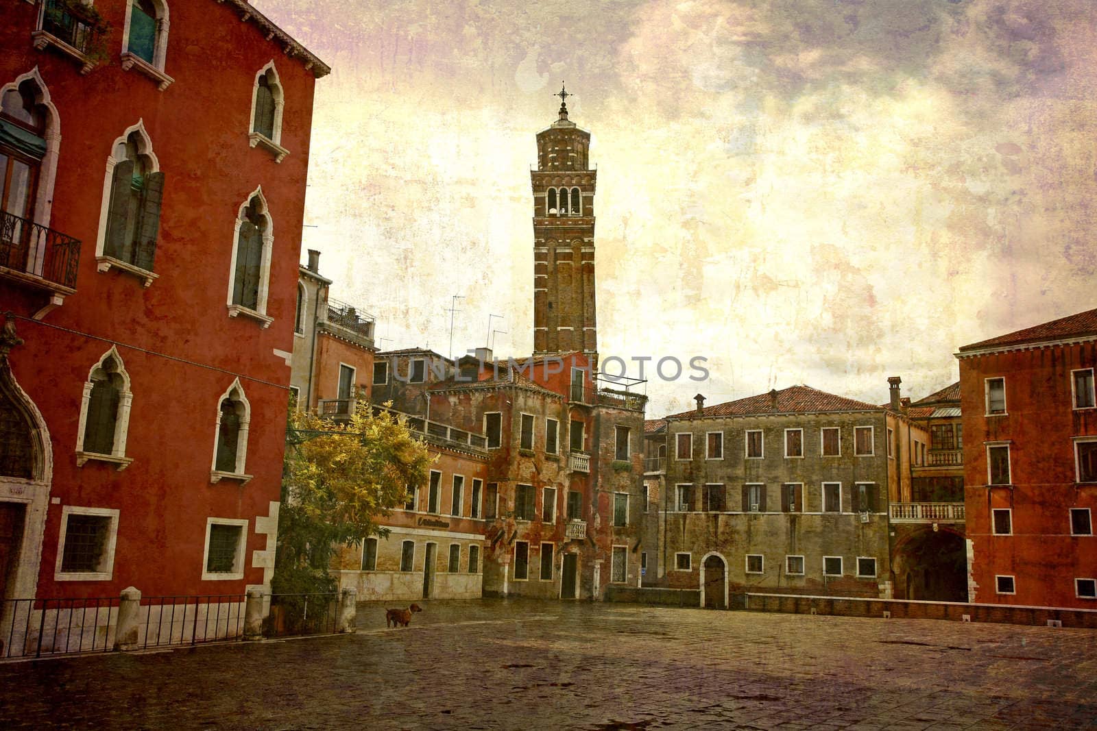 Artistic work of my own in retro style - Postcard from Italy. - Nice square after rain - Venice.