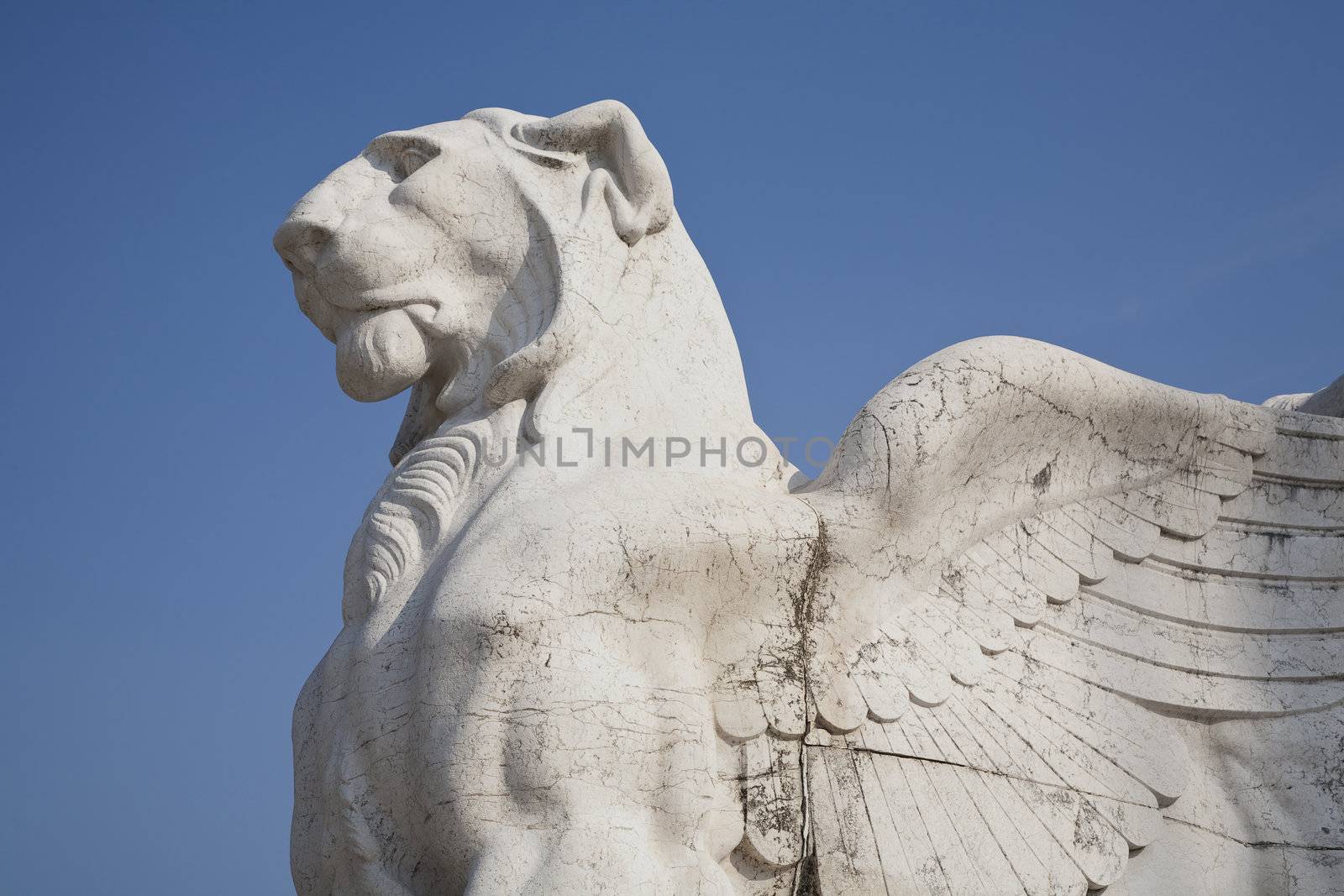 Winged lion seen against the blue sky - a detail of the Victor Emmanuel monument at Piazza Venezia -  Rome, Italy. Build after a design by Giuseppe Sacconi as a tribute to the first king of united Italy - Victor Emmanuel II.