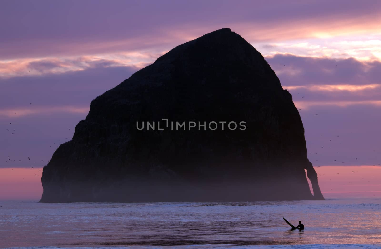 Lonely surfer at dusk time in ocean at Oregon Cape Kiwanda