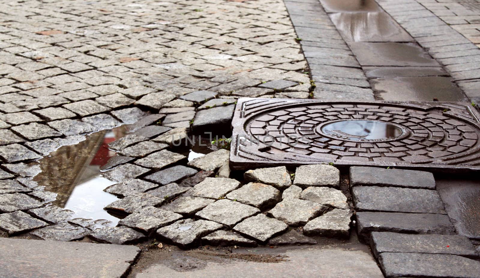 Manhole on the broken road to rainy weather