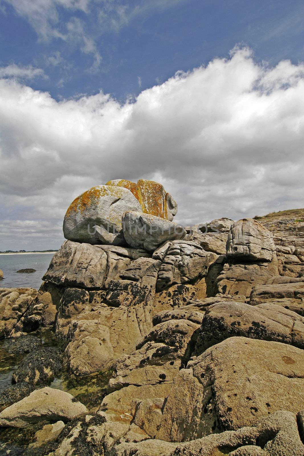 Big Stone on the rock coast near Pointe de Trevignon, Brittany, North France.