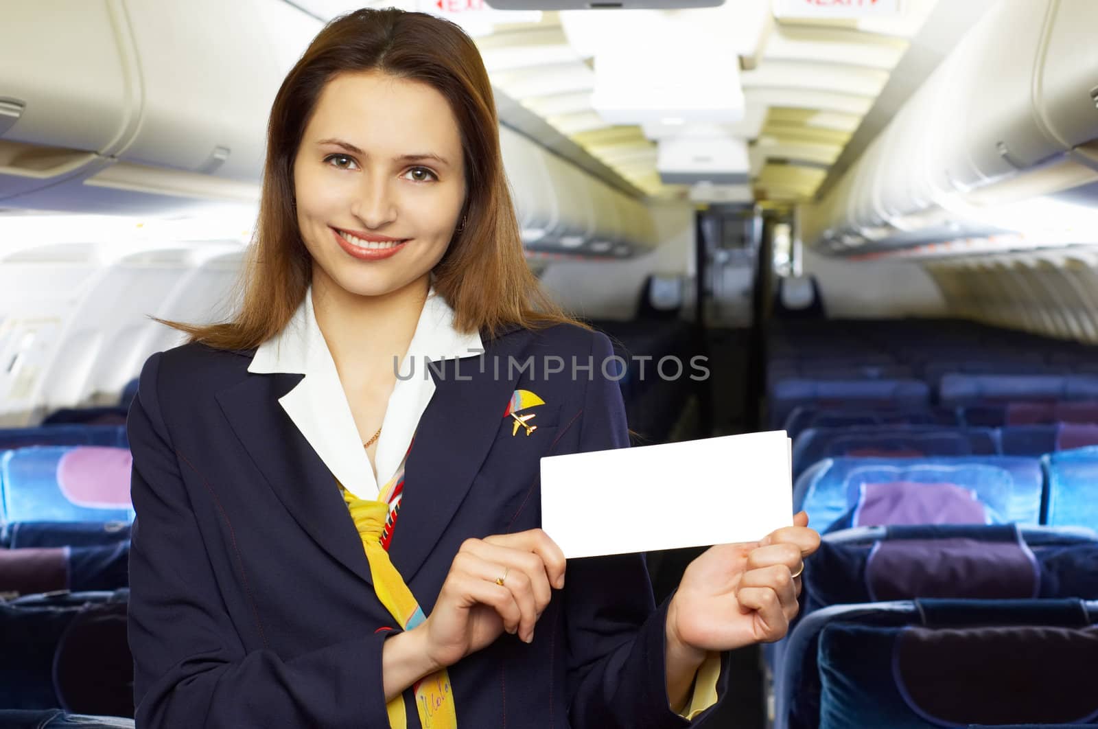 series: air hostess (stewardess) in the empty airliner cabin