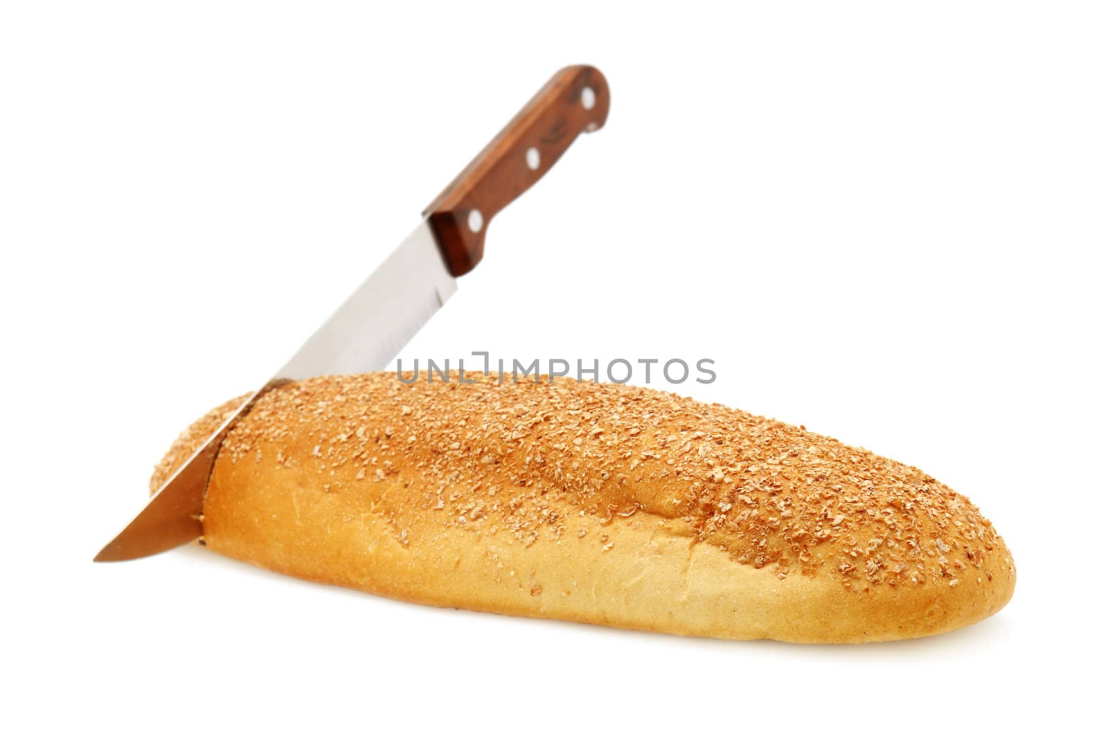 Fresh bread and kitchen knife isolated on a white background                                    