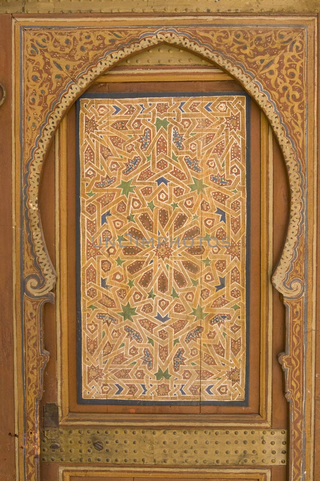 Ornate painted woodwork in the 19th century El Bahia Palace in Marrakesh, Morocco.