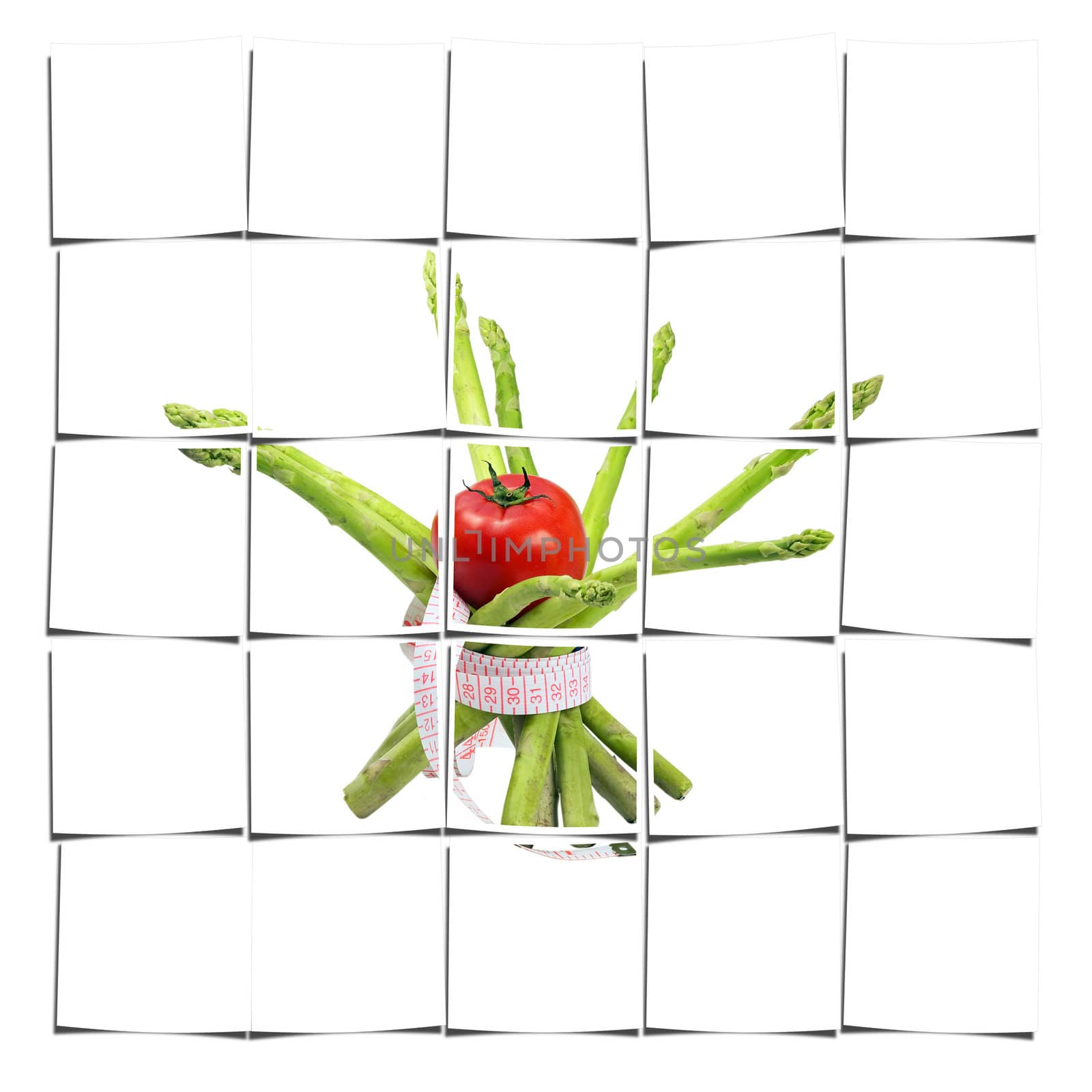 asparagus and tomato with a meter around ,isolated on white background