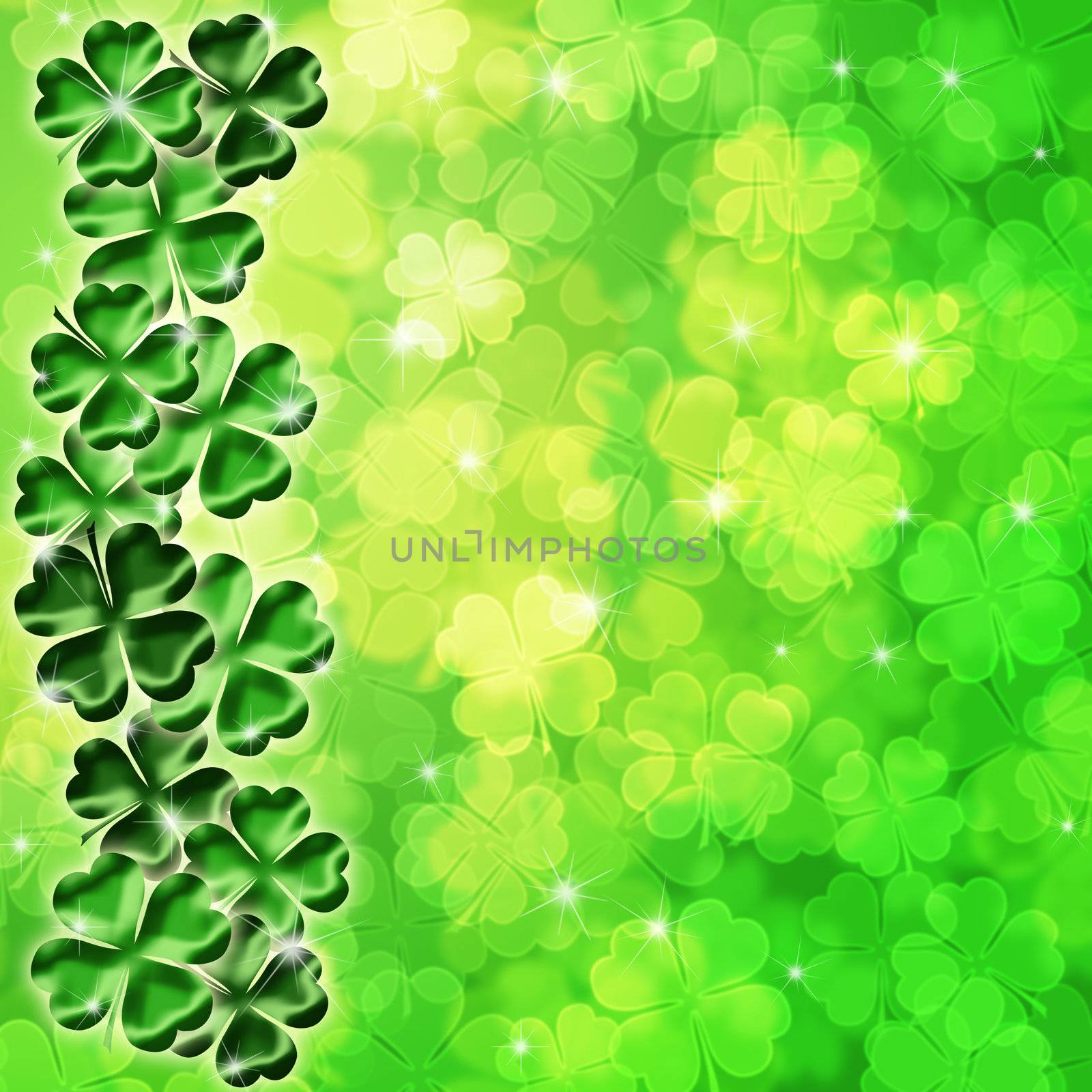 Lucky Irish Four Leaf Clover Shamrock Sparkles on Blurred Background Illustration